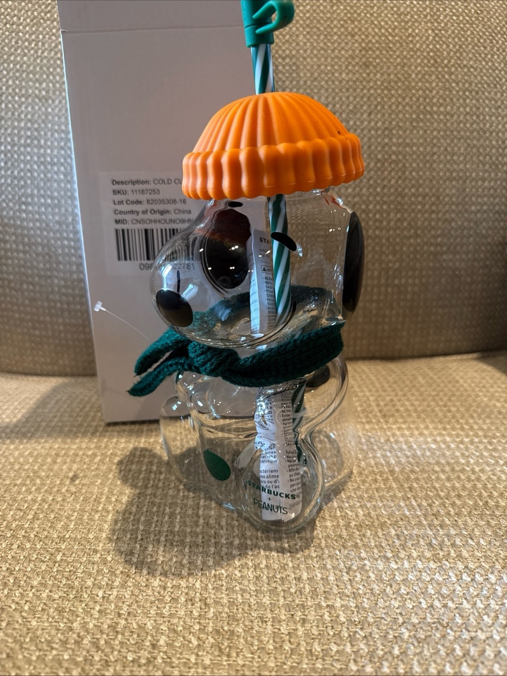 Starbucks Limited Edition Snoopy Glass,Orange Hat,Green Scarf & Woodstock